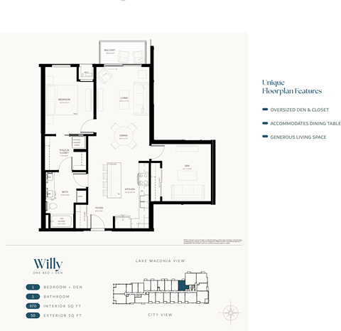 Floor plan for 1 bed, 1 bath, 970 sqft